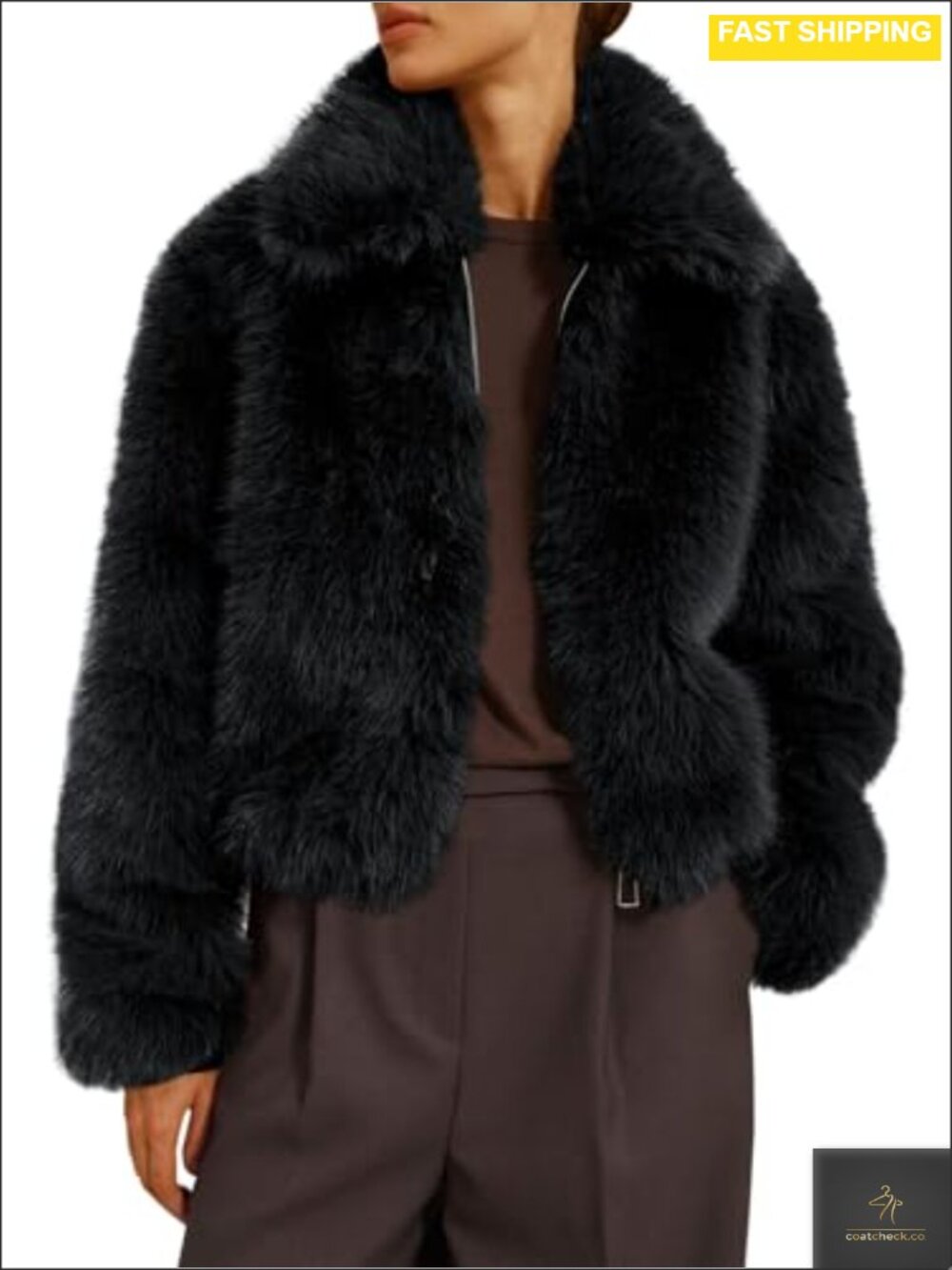 Womens Cropped Faux Fur Zip Up Lapel Winter Jacket Warm Coat